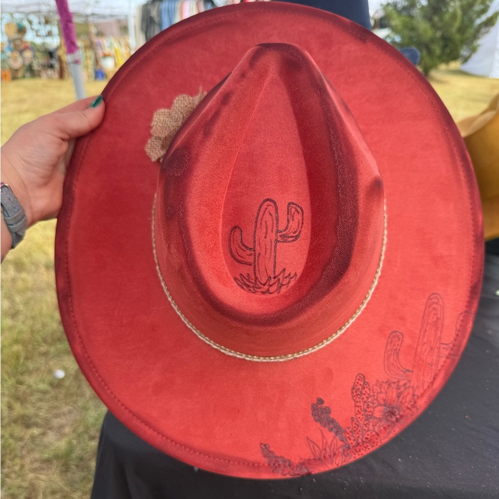 Red Western Hat with Cactus Design